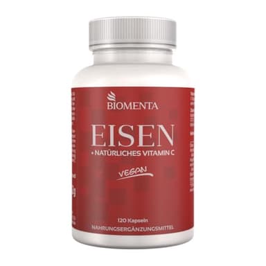 BIOMENTA Eisen + Natürliches Vitamin C - 120 hochdosierte, geschmacklose & gut verträgliche Eisenkapseln (143% NRV) vegan aus Bisglycinat + Vitamin C (90 mg) aus Acerola + Hagebutte - Premiumqualität