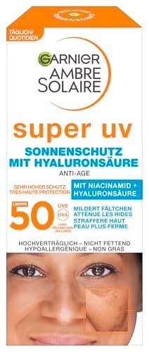 Garnier Anti-Aging Sonnencreme mit LSF 50, Sonnenschutz mit Hyaluron und Vitamin B gegen Falten und Trockenheit, Ambre Solaire, 1 x 50 ml