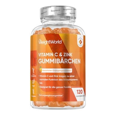 Vitamin C Zink Gummibärchen - Täglich 2 Vitamin C Gummies für 2 Monate - 200 mg Vit C mit 6 mg Zink - 120 Vegane Gummies - L- Ascorbinsäure & Zinkcitrat mit Natürlicher Orangengeschmack - WeightWorld