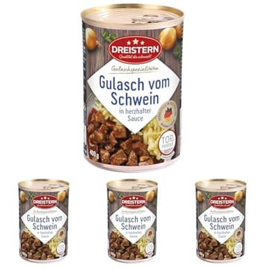 DREISTERN Schweinegulasch 400g | leckeres Gulasch in der praktischen recycelbaren Konservendose | zartes Schweinefleisch - Qualität die schmeckt (Packung mit 4)