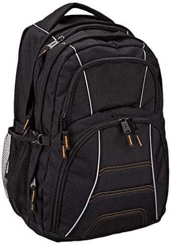 Amazon Basics Laptop-Rucksack mit gepolsterten Schulterriemen und Aufbewahrungsfächern für Stifte, Schlüssel, Handy, geeignet für die meisten Laptops bis zu, 43.2cm, Schwarz