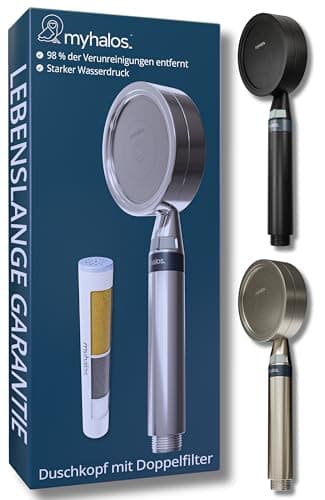 MyHalos® Handbrause Duschkopf mit Filter, Wassersparend Hochdruck Duschfilter, 3-Schichten-Filtration gegen Chlor, Bakterien & Kalk, Antikalk, Für Hartes Wasser, Shower Head, Shower Filter