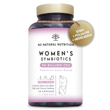 Kulturen Komplex für Frauen Intimflora, mit 50 Mrd. KbE und 17 Stämme. Intimpflege damen, Milchsäurebakterien, Cranberry, Eisen und Folsäure für eine Komplettlösung. 60 Kapseln. N2 Natural Nutrition