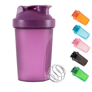 Shaker-Flasche für Proteinpulver, Kunststoff-Wasserflasche fürs Training, 400 ml, mit Mix-Ball und auslaufsichere Kappe, für Sport oder Gym, Flasche für nahrungsergänzende Getränke (Lila)
