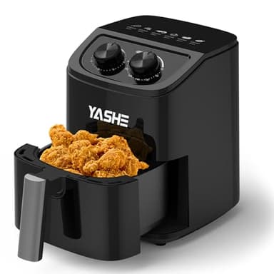YASHE Heißluftfritteuse 2,3L für 1–2 Personen, Kompakter Airfryer mit 6 Menüoptionen, Drehknopf für Temperatur & Timer, 3D-Heißluftzirkulation, Antihaftkorb, Spülmaschinenfest, Fettarm