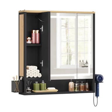 YITAHOME Spiegelschrank Bad mit Beleuchtung, 3 Türen LED Badezimmer Spiegelschrank, Steckdosen, Hängender Badezimmerschrank, Wandschrank, Badezimmerspiegel, 70W x 15D x 75H cm, Braun and Schwarz