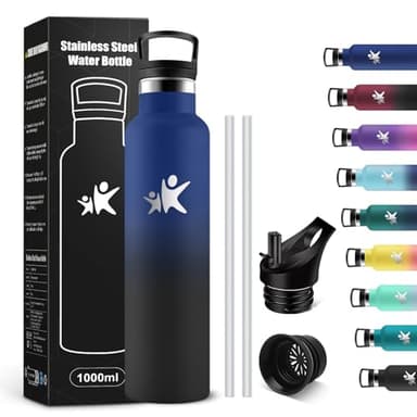 KollyKolla Trinkflasche Edelstahl 1 Liter, Edelstahl Trinkflasche mit Strohhalm, Thermoskanne Auslaufsicher, BPA-Frei, Kohlensäure Geeignet, Wasserflasche für Erwachsene, Sport, Fahrrad, Reisen