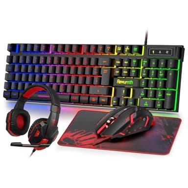 Rewurnth Gaming Tastatur und Maus Set mit Headset, QWERTZ DE Layout, RGB Beleuchtete Tastatur, 4 Farben LED Gaming Maus, Over-Ear Kopfhörer, Große Mausmatte, USB Kabelgebundene für PC Mac PS5 Xbox