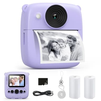 CalineGam Kinderkamera Sofortbildkamera, 48MP Sofortbildkamera Kinder mit 32GB Karte & Druckpapier, 1080P Digitalkamera Kinder, Geschenke für Jungen und Mädchen 3-12 Jahre (Lila)