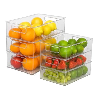 kelav Kühlschrank Organizer 6-teilig (2 Größen), stapelbare Aufbewahrungsboxen mit Griff, transparente Vorratsbehälter für Küche, Schrank, Speisekammer, BPA-frei​