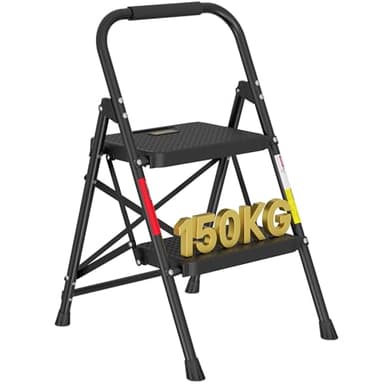 BONTEC Trittleiter 2 Stufen Klappbar, Tritthocker aus Stahl mit 150kg Tragkraft, Breite rutschfeste Pedale, Faltbare Trittleiter Schwarz, Schwammgriff, für Innen- und Außenbereich