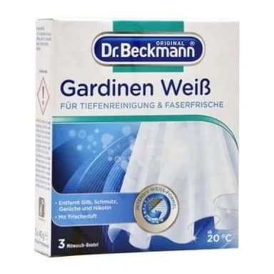 Dr. Beckmann Gardinen Weiß | Gardinenweiß für strahlende Vorhänge | mit effektiver Intensiv-Weiß-Formel | 3 x 40 g