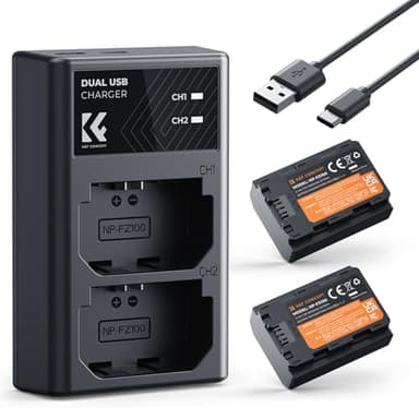 K&F CONCEPT NP-FZ100 Kamera Akku,2er Pack 2280mAh Kameraakku USB Dual Ladegerät für Sony Alpha 9, A9, Alpha 9R, A9R, Alpha 9S, A9S, A7RIII A7R3, A7 III, A7R4, A7RIV ZV-E10ii Digitalkameras