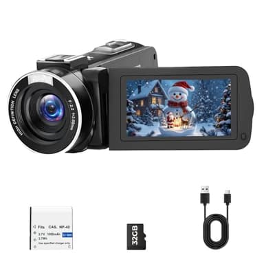 Videokamera Camcorder 1080P 48MP Vlogging Kamera für YouTube 18X Digitalzoom Digital Camcorder mit LED-Fülllicht, 3" 270° drehbarer Bildschirm Digitalkamera mit 32GB Karte & Akku