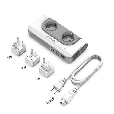 BESTEK 200W Spannungswandler mit 4 USB Reiseladegerät 110v auf 230v Reiseadapter Stromwandler mit austauschbare UK, EU, AU Reisestecker für Reisen nach USA, JAP, KAN, AUS, China,Thailand weiß