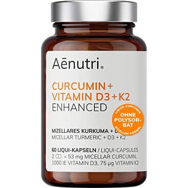 NEU: CURCUMIN Plus hochdosiert | Flüssiges Kurkuma in Mizellen-Formel | Ohne Polysorbat, Ohne Piperin | Liquid mit Vitamin D3 + K2 | Laborgeprüfte Qualität aus DE | 60 Kapseln