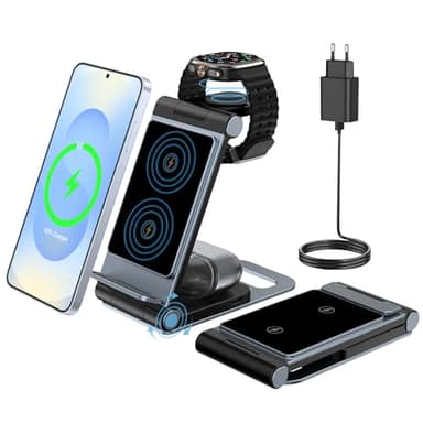 3 in 1 Induktive Ladestation Faltbar für Samsung Galaxy S25 Ultra Plus FE S24 S23 S22 S21 S20 Series Z Flip Z Fold 7 6 5 4 für Galaxy Watch 8/Ultra/7/6/Classic/5/Pro/4 für Galaxy Buds mit 20W Netzteil
