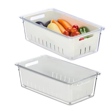 Relaxdays Kühlschrank Organizer, 2er Set, stapelbar, Abtropfkorb, Lebensmittel Organizer mit Deckel, transparent/weiß