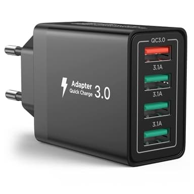 USB Stecker, 4-Port 33W Schnellladegerät mit QC 3.0 Netzteil Ladeadapter Mehrfach USB Ladegerät für iPhone 16/15/14/13/12/11 Pro Max, Samsung Galaxy S24/S23/S21/A-Serie, Huawei, iPad, Tablets