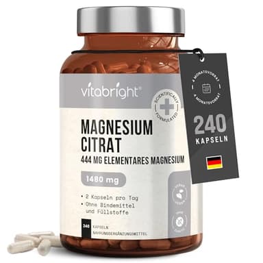 Magnesiumcitrat Kapseln 1480mg | 240 Kapseln | Magnesium Citrat Pur Hochdosiert Magnesiumcitrat Pulver 444mg Elementares Magnesium Citrate Pulver | Hohe Bioverfügbarkeit Komplex | Vegan | VitaBright