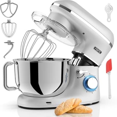 Küchenmaschine - 2000W - Edelstahl Rührschüssel (6,2 L) - Knetmaschine mit Rührhaken, Knethaken, Schlagbesen und Spritzschutz - Inkl. zusätzlichem Zubehör - Silber