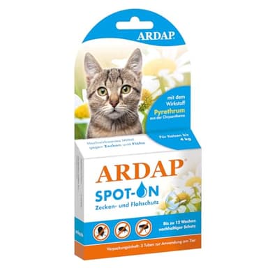 ARDAP Spot On für Katzen bis 4kg - Natürlicher Wirkstoff - Zeckenmittel für Katzen, Flohmittel Katzen, Zeckenschutz Katze - 3 Tuben je 0,4ml - Bis zu 12 Wochen nachhaltiger Langzeitschutz (PT19)