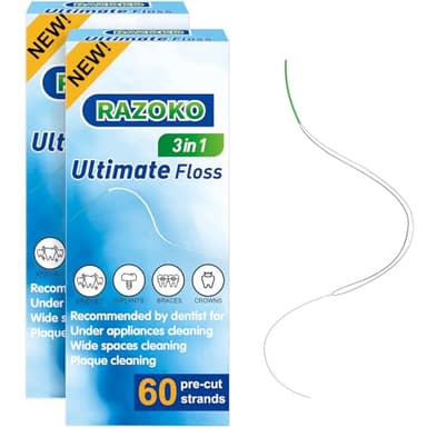 RAZOKO Zahnseide für Zahnspangen, 3-in-1 Super Floss Vorgeschnittene Stränge, 120 Stücke (2 Packungen)