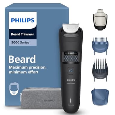 Philips Bartschneider 5000er-Serie – selbstschärfende Metallklingen, 40 Längeneinstellungen, BeardSense-Technologie, Haarkollektor, 100% wasserdicht, Reiseetui, Modell BT5765/15