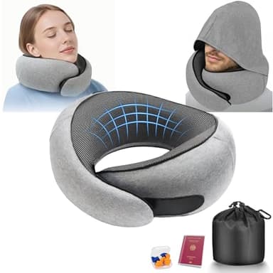 Furansijin Nackenkissen mit Verstellbarer Kapuze & 360° Nackenstütze | Ergonomisches Memory Foam Reisekissen für Flugzeug, Auto | Inkl. Travel Case & Ohrstöpseln | Atmungsaktiv & Waschbar (Hellgrau)