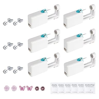 6 Stück Ohrlochstechpistole Einweg Set, Steril & Sicherheits Ohrlochpistole,Schmerzfreies Selbst Piercing Werkzeug Ohrring Stechen Piercing Set Mit 3 Paar Rosa Ohrringen& 6 Alkoholwatte,Frauen,Mädchen