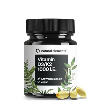natural elements Vitamin D3 + K2 Softgel Kapseln – hochdosierte 1.000 I.E. Vitamin D3 und 20µg Vitamin K2 – 120 Kapseln – vegan, ohne unnötige Zusätze – in Deutschland produziert & laborgeprüft