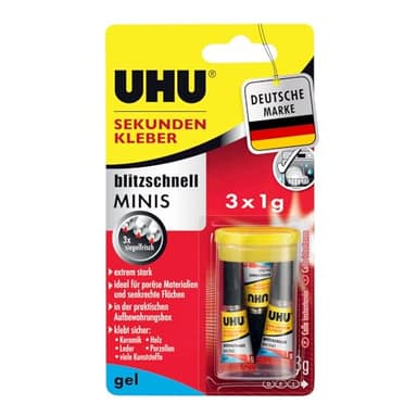 UHU Sekundenkleber extra stark | 3x1g Kleber Tuben mit Aufbewahrungsbox | Sekundenkleber Gel für Kunststoff, Metall, Holz, Keramik, Porzellankleber | Superkleber & Kunststoffkleber