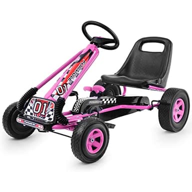 GOPLUS Gokart ab 3 Jahre, Go Kart mit verstellbarem Sitz, Vor- und Rückwärtsgang, Tretauto mit Gummi Räder, Flexible Kupplung und Handbremse, Kinderfahrzeug für Kinder 3-8 Jahren (Rosa)
