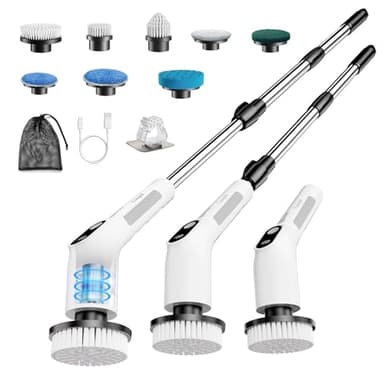 Cusopeh Elektrische Reinigungsbürste mit 8 Wechselbürsten, Elektrische Fugenbürste,Putzbürste Elektrisch mit Verstellbarem Griff, WischmoppSet für Bad/Küche/Fliesen/Auto,IPX6,Kabellos, Weiß