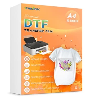 TRILINK DTF Transferfolie Papier A4 (21 x 29,7 cm) - 20 Blatt, Premium doppelseitig matt klar PreTreat Blätter - PET Wärmetransferpapier für Sublimationsdrucker Direktdruck auf T-Shirts Textil