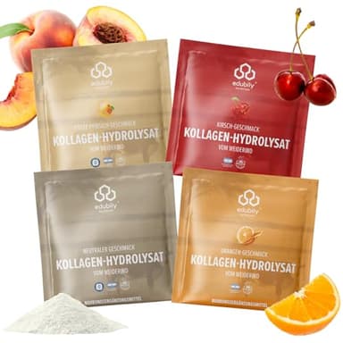 edubily® Kollagen Pulver Probierpaket • Aus Weidehaltung • Premium Collagen Hydrolysat mit Vitamin C, Kupfer, Mangan, Kieselsäure & Zink • 4 x 15 g