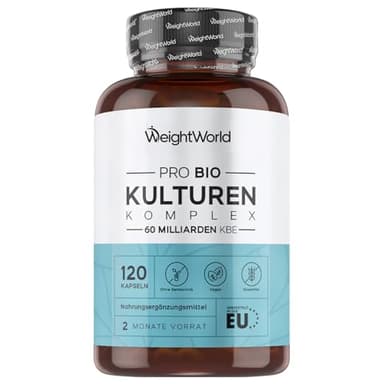 Pro Bio Kulturen Komplex - 60 Milliarden KBE pro Portion - Mit 20 Bakterienstämmen, Bio Inulin, FOS - 120 Kapseln - 2 Monate Vorrat - Mit Lactobacillus Reuteri & Bifidobacterium Infantis - WeightWorld