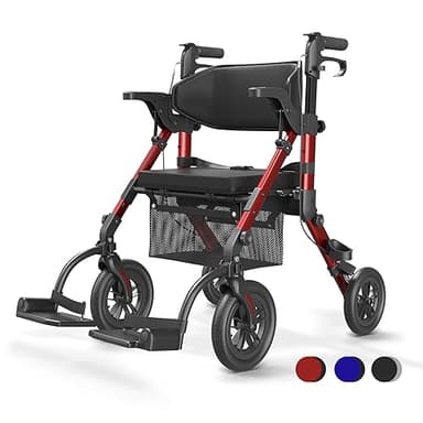VOCIC 2 in 1 Rollstuhl Rollator Faltbar und Leicht mit Sitz,Outdoor Gummireifen für Allen Gelände,Leichtgewicht Rollatoren mit Netztasche,Aluminium Gehhilfer Transport-Stuhl,Rot (5 Jahre Support)