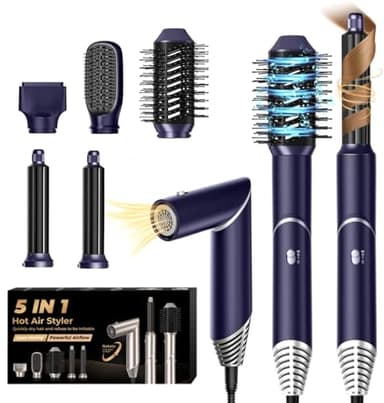 UKLISS 5 in 1 Hair Air Styler Heißluft Multistyler Locken Föhn Airstyler Haartrockner 60,000RPM mit Luft-Lockenstab Warmluftbürste Föhnbürste Hair Dryer Set Geschenkenset für Frauen, Blau