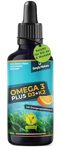 Omega 3 Algenöl PLUS Vitamin D3+K2 MK7 - davon 40% DHA & 20% EPA - mit Orangenöl und Rosmarinextrakt, vegan - Deutsche Qualität - für die ganze Familie Kinder ab 3 Jahren