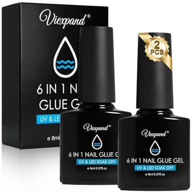 2x 8ml 6 in 1 Nagelkleber Für Kunstnägel, Nail Glue Gel für Nail Tips, Clear Stark Nails Glue, Für Fake Nails-Brauche, Brauchen Aushärten unte UV Nagellampe, Anfänger DIY Maniküre Zu Hause ﻿