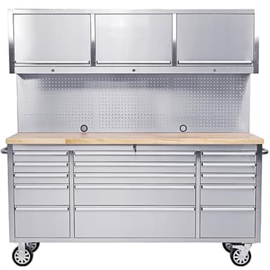 Ondis24 Edelstahl-Werkstattwagen Werkzeugwagen mit 15 Leichtlaufschubladen, 3 Schränken, Lochwand, XL-Massivholzarbeitsplatte, Lenkrollen, fahrbare Werkbank, unbestückt