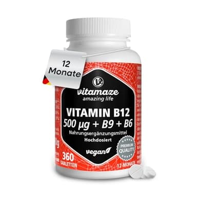 Vitamin B12 500 mcg hochdosiert, 360 Tabletten für 1 Jahr mit 375 mcg Vitamin B9 Folsäure + Vitamin B6, Natürliche Nahrungsergänzung ohne Zusatzstoffe, Made in Germany