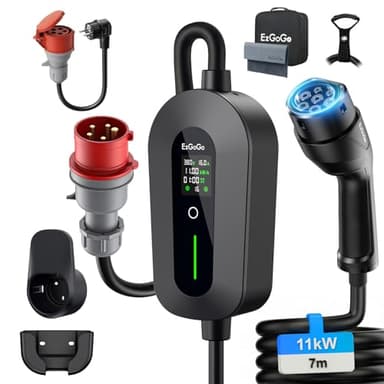 EzGoGo Mobile Wallbox 11kW Ladegerät Typ 2 (3-phasig) mit 7m Ladekabel CEE 16A auf Typ 2 inkl. Alltags-Adapter-Set | EV Ladestation [6/8/10/13/16A] | Hochwertiger IP65 Schutz | Für EVs & PHEVs
