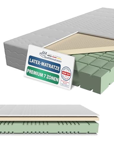 AM Qualitätsmatratzen 7 Zonen Latex Matratze 140x200 H3 - Made in Germany - Oeko TEX zertifizierte Naturlatex Matratze 140x200-23 cm Hoch - Hybridmatratze mit 4cm Latexauflage
