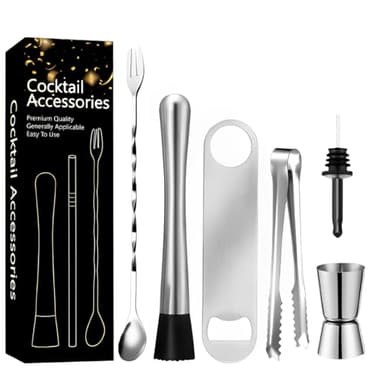 Professionelles Cocktail Set (6-teilig), Edelstahl Stampfer, Cocktail Stößel,Barlöffel Lang,messbecher,Eiswürfelzange,Cocktail zubehör,für Küche, Bar und Restaurant