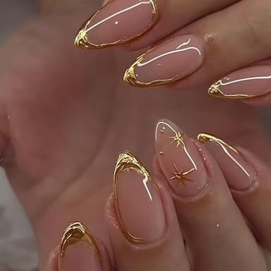 GlamRays 24 Stück Gold French Tip Press on Nägel, Mittel Mandel Falsche Nägel Mit Stern Design, Minimalistischer Stil Gold Französische Linie