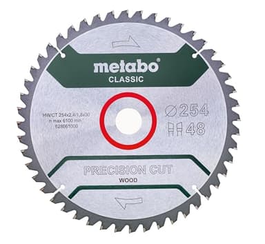 metabo Kreissägeblatt "precision cut wood - classic" – 254 x 30, Z48 WZ 5°neg. – 628061000 – Für halbstationäre Kreissägen – Sägeblatt für Holz – 48 Zähne