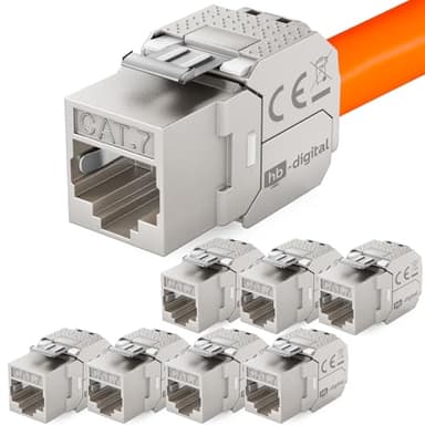 HB-DIGITAL 8x CAT 7 Keystone RJ45 Modul Buchse für starre LAN Kabel 10 Gbit/s AWG 22-24 werkzeuglos LSA vollgeschirmt STP vergoldete Kontakte für Patchpanel Netzwerkdose