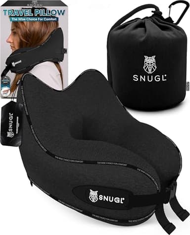 SNUGL Nackenkissen Memory Foam Waschbar & Verstellbar | Kuscheliges Nacken Reisekissen Für Flugzeug, Auto & Unterwegs | Reise-Kissen Nackenhörnchen, Neck Travel Pillow (Schwarz, Erwachsener Normal)